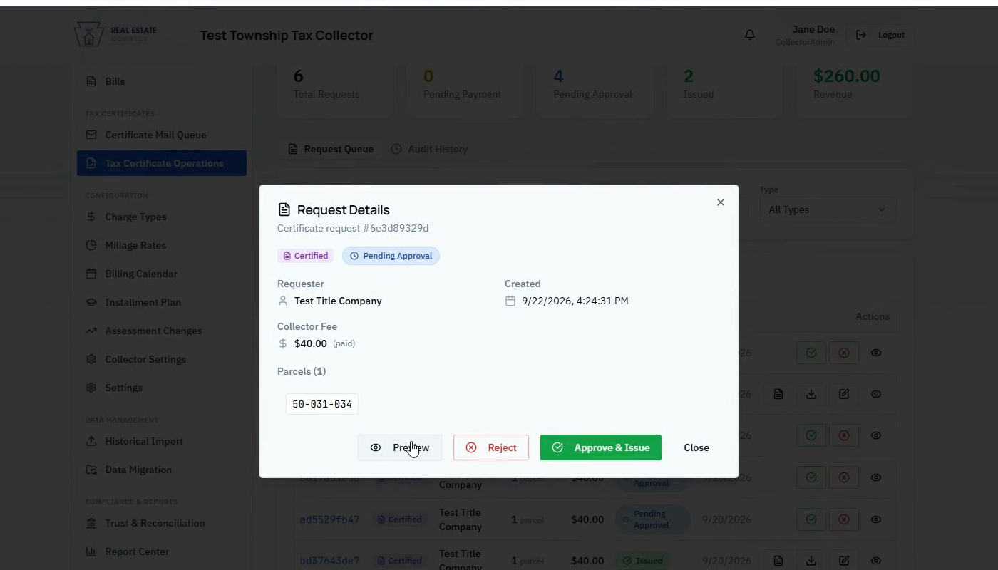 Collector review screen showing a certificate request with Preview, Reject, and Approve and Issue options