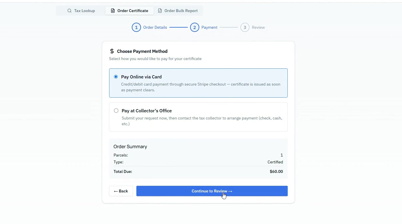Certificate ordering screen showing payment options and order summary